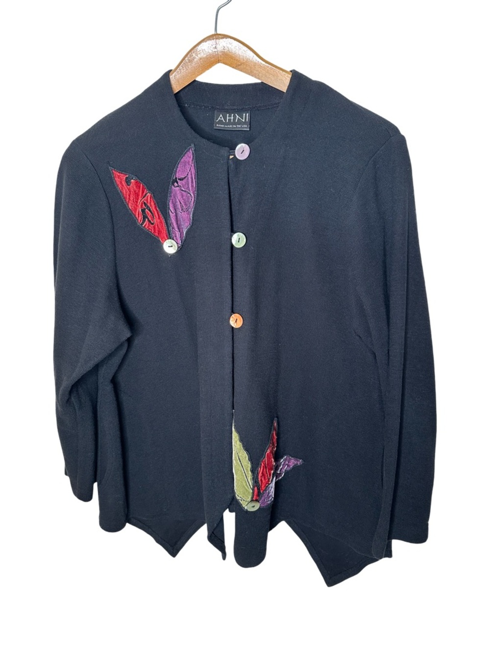Ahni Cardigan Sweater Asymmetric Hem Velvet Appliqués Size XL Art To Wear Cotton